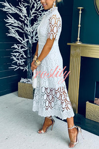 Elegant Crocheted Cutout Lace Short-sleeved Stand-collar Midi Dress