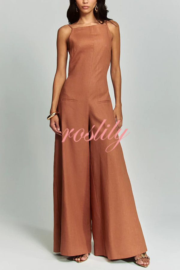 Kelso Linen Blend Square Neck Pocketed Backless Wide Leg Jumpsuit