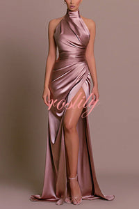 Satin Sexy Halter Neck Sleeveless High Slit Slim Maxi Dress