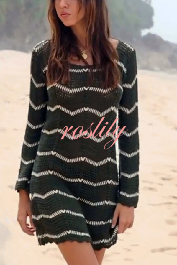 Fashion Striped Round Neck Long Sleeve Knit Cover Up Mini Dress