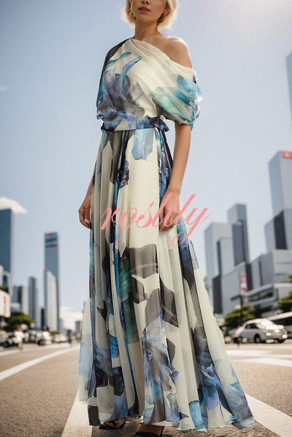 Unique Printed Bohemian Short-sleeved One-shoulder Maxi Dress