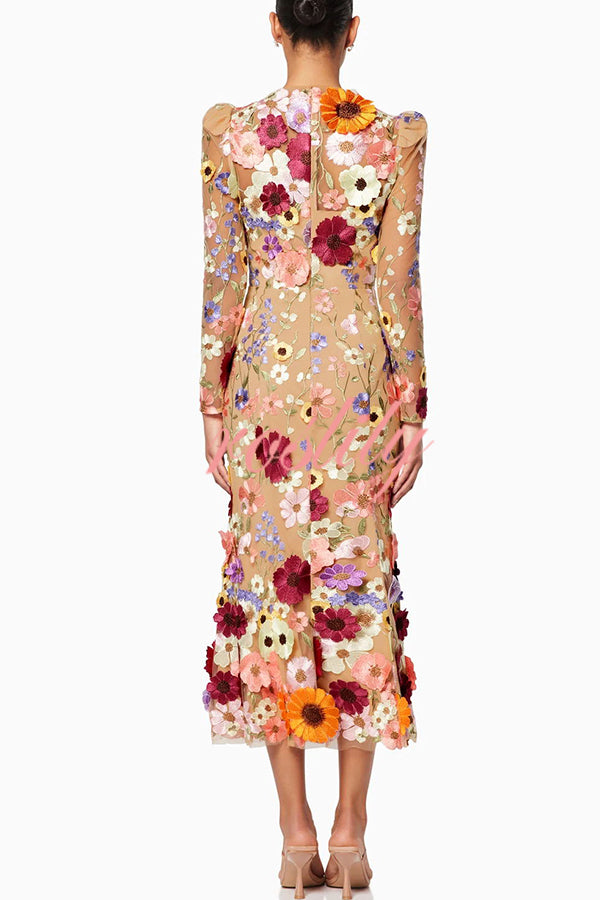 Dignified and Refined Charm Embroidered Floral Applique Long Sleeve Fish Tail Midi Dress