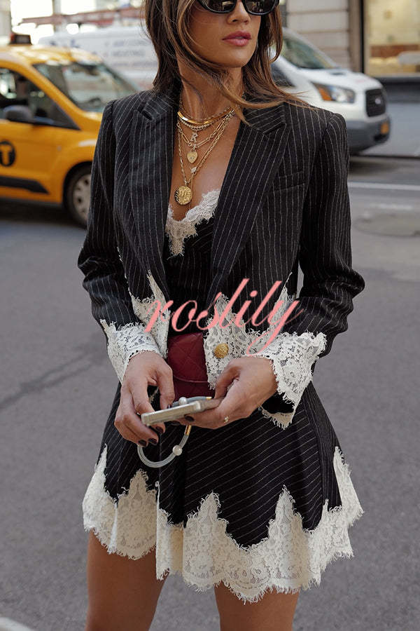 Emily in Paris Striped Lace Trim Lapel Crop Loose Blazer