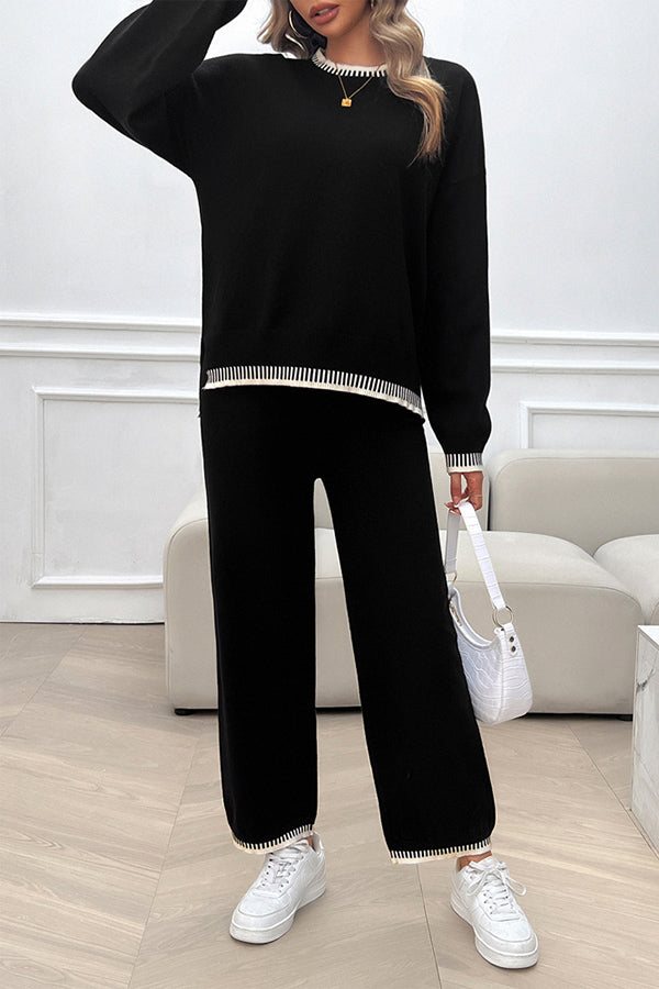 Home Casual Contrasting Color Knitted Sweater and Elastic Waist Loose Pants Set