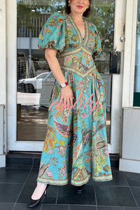 Chic Vacation Linen Blend Unique Print Button Puff Sleeve Pocket Maxi Dress