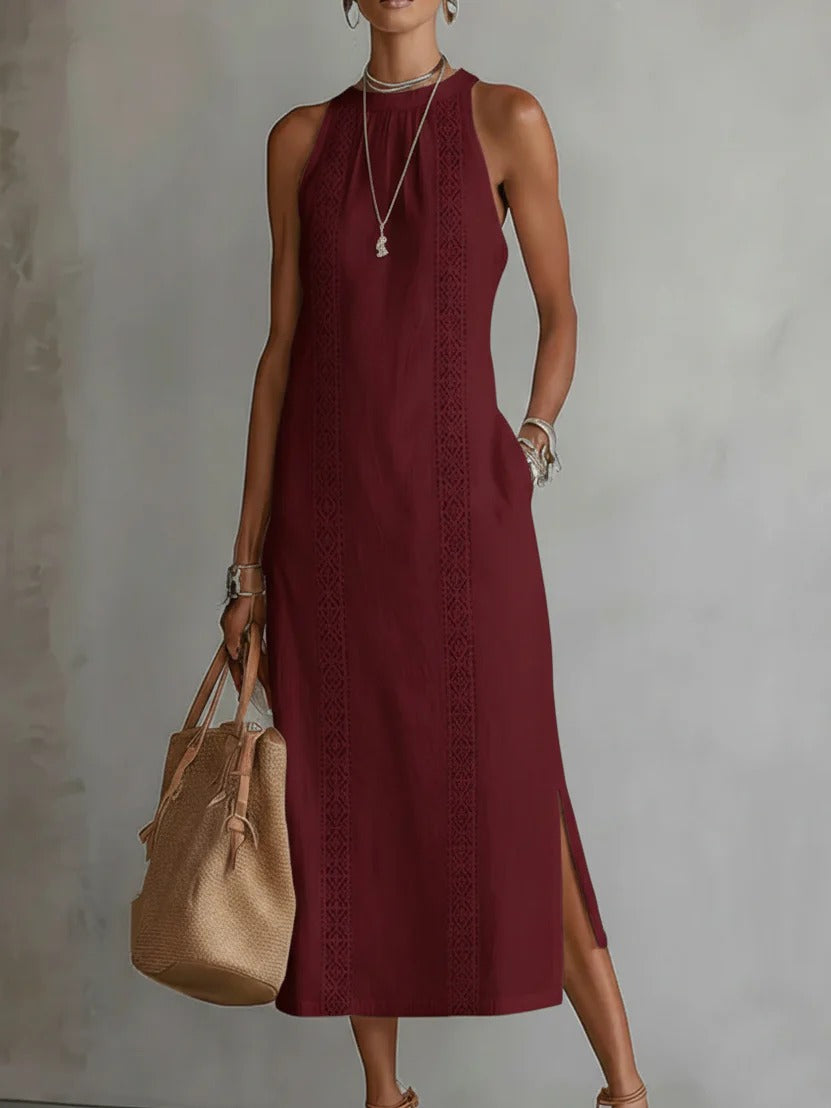 Elegant Lace Panel Sleeveless Midi Dress