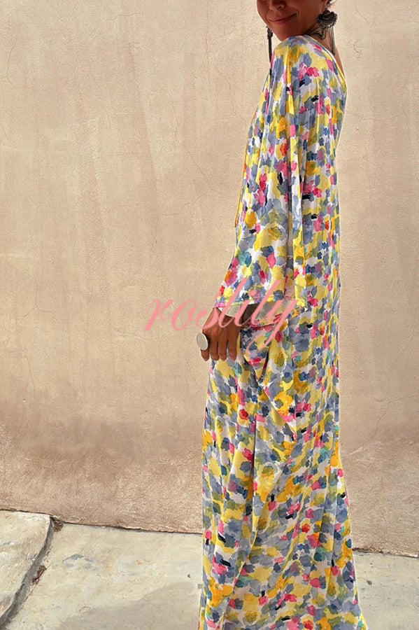 Indio Watercolor Print One Shoulder Drape Sleeve Maxi Dress