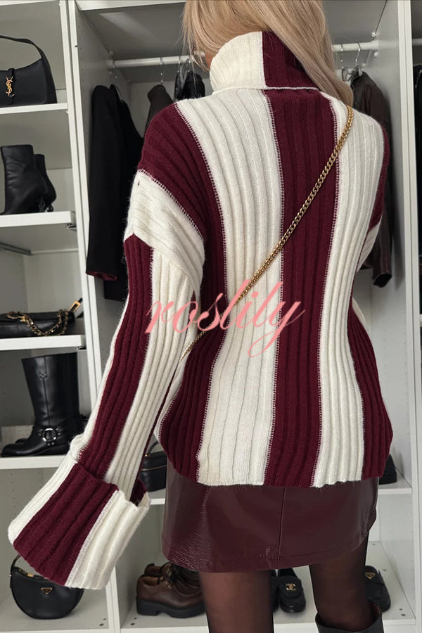 Comfort and Warmth Knit Color Block Long Sleeve Turtleneck Sweater