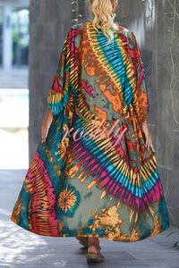 Unique Print Loose Lace Up Holiday Maxi Cover Up