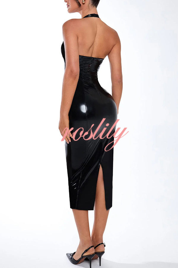 Fantasy Silhouette Shiny Faux Leather Halter Neck Stretch Midi Dress