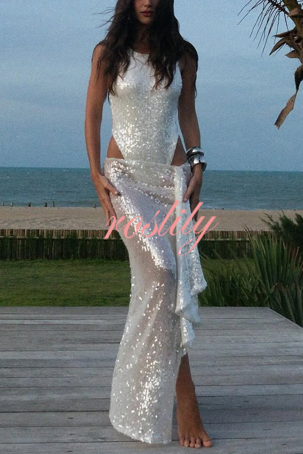 Fashion Sequin Sleeveless Fitted Rompers and Holiday Slit Maxi Skirt Set