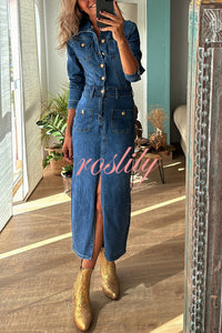 Tessy Denim Metal Button Zipper Shirt Stretch Pencil Slit Midi Dress