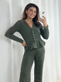 Long Sleeve Peplum V-Neck Top & Straight Leg Trouser Co-Ord