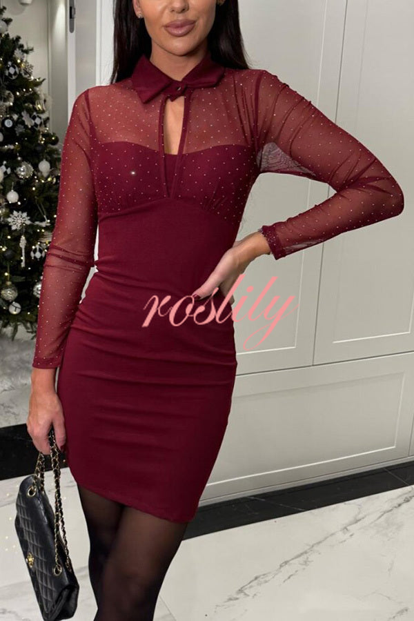 Sexy Energy Mesh Glitter Fabric Cutout Shirt Neck Long Sleeve Stretch Mini Dress