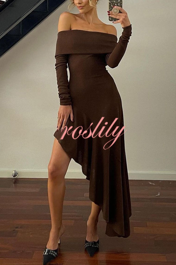 Temperament Off Shoulder Long Sleeve Irregular Hem Stretch Maxi Dress