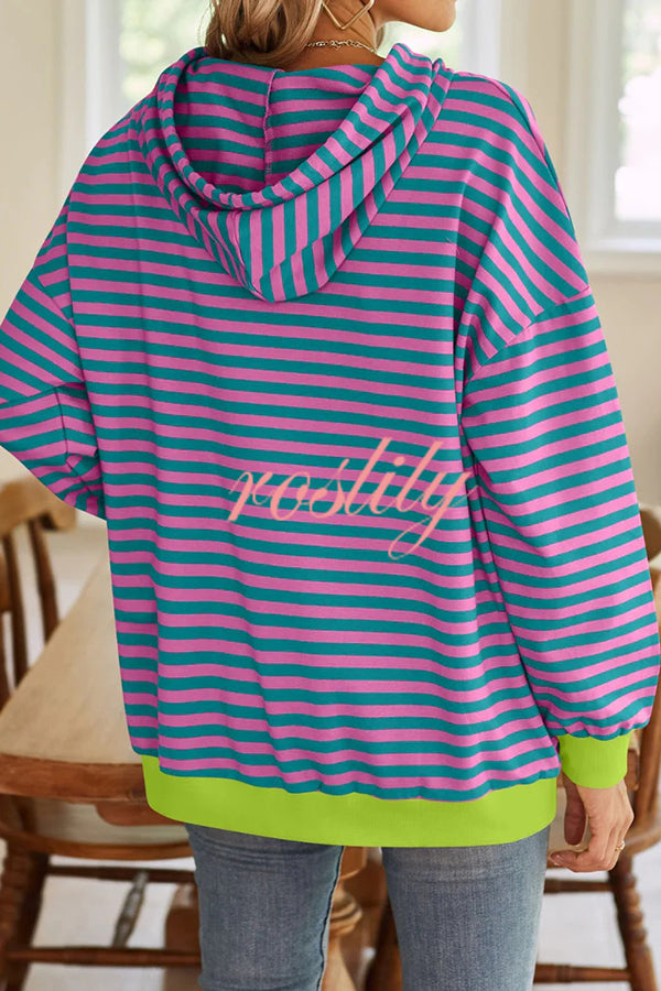 Striped Print Long Sleeve Pocket Loose Hoodie