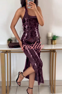 Night Glow Disc Sequin Halter Backless Slit Midi Dress