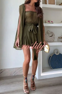 Vacay in Paradise Chiffon Slit Sleeve Elastic Waist Belt Flowing Mini Dress