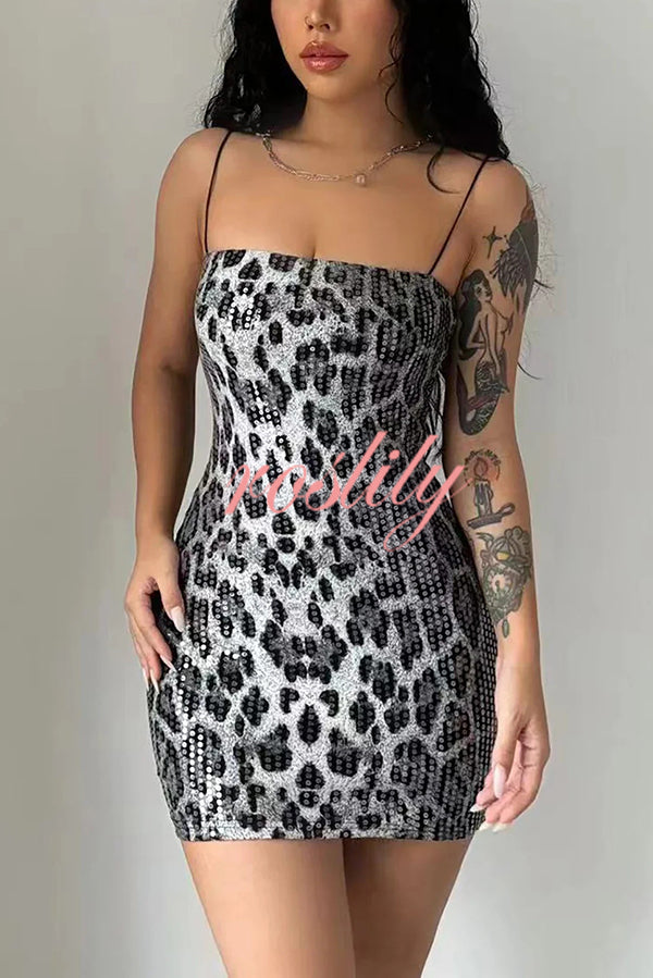 Leopard Print Sequin Sexy Sling Slim Fit Mini Dress