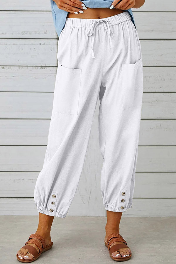 Tatum Linen Blend Elastic Waist Pocketed Button Hem Pants