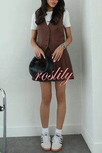 Solid Color Sleeveless Buttoned Vest and High-waisted Pleated Mini Skirt Set