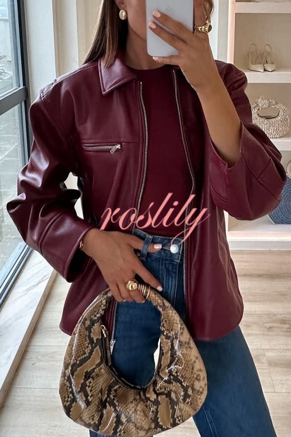 Fashion Lapel Long Sleeve Pocket Zipper Leather Jacket