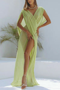 Enjoy Your Vacation Linen Blend Ruched Shoulder Drape Loose Cover Up Maxi Dress