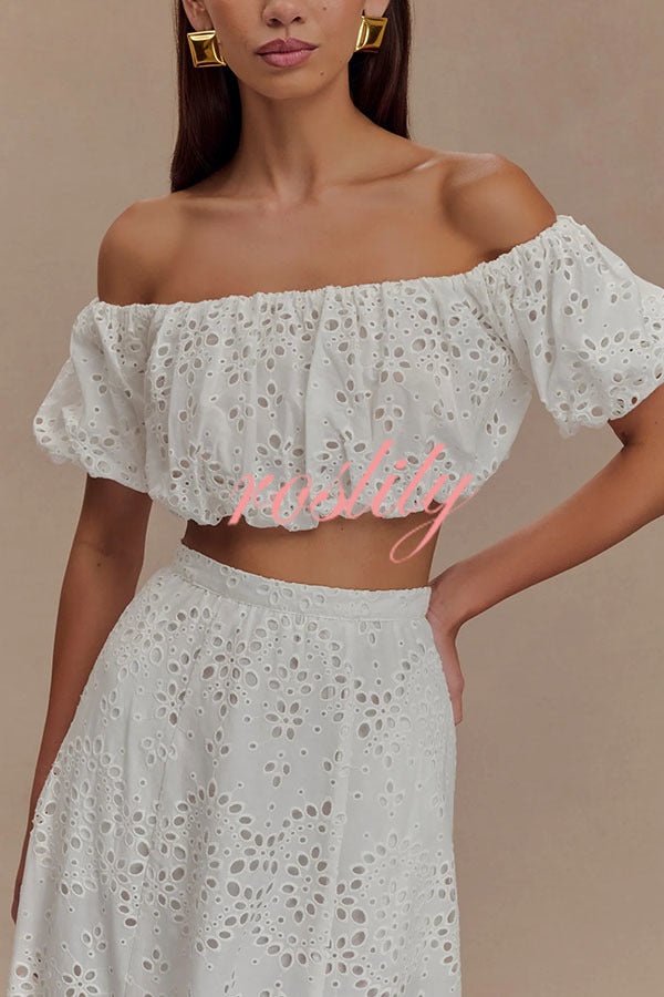 Arla Embroidered Lace Hollow Off Shoulder Bubble Crop Top