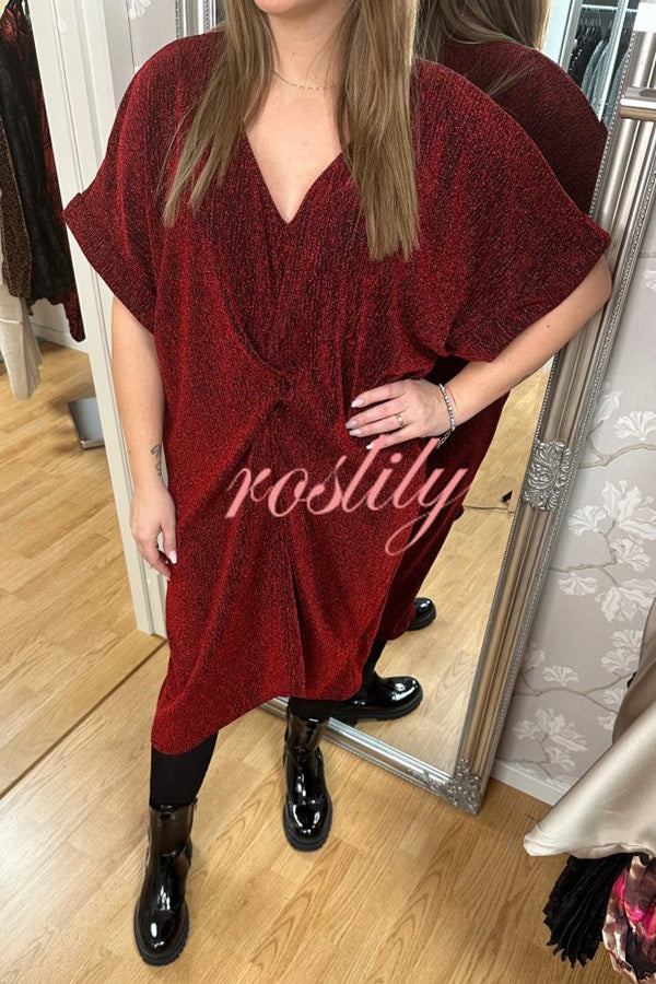 Solid Color Glossy V-neck Short-sleeved Loose Midi Dress