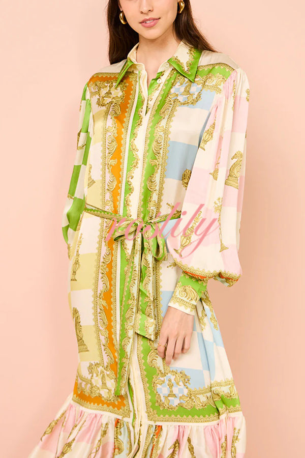 Garden Party Satin Unique Print Balloon Sleeve Belted Shirt Maxi Dress