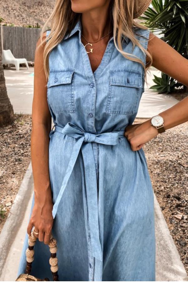 Ralphy Pocketed Distressed Denim Tie Dress