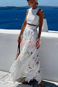 Next Trip Floral Embroidery Crochet Lace Crop Tank Top and Elastic Waist Pocket Maxi Skirt Set