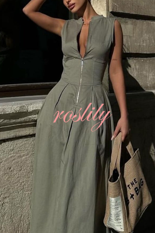 Stylish Sleeveless Zippered V-neck Slim Fit Maxi Dress