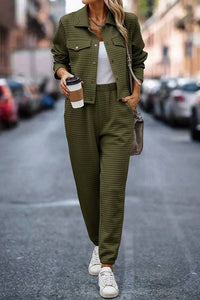 Solid Color Lapel Long Sleeve Jacket and Elastic Waist Casual Pocket Pants Set