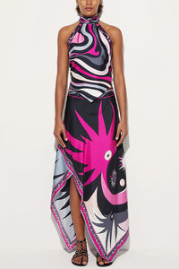 Satin Unique Print Halter Top and Irregular Midi Skirt Set