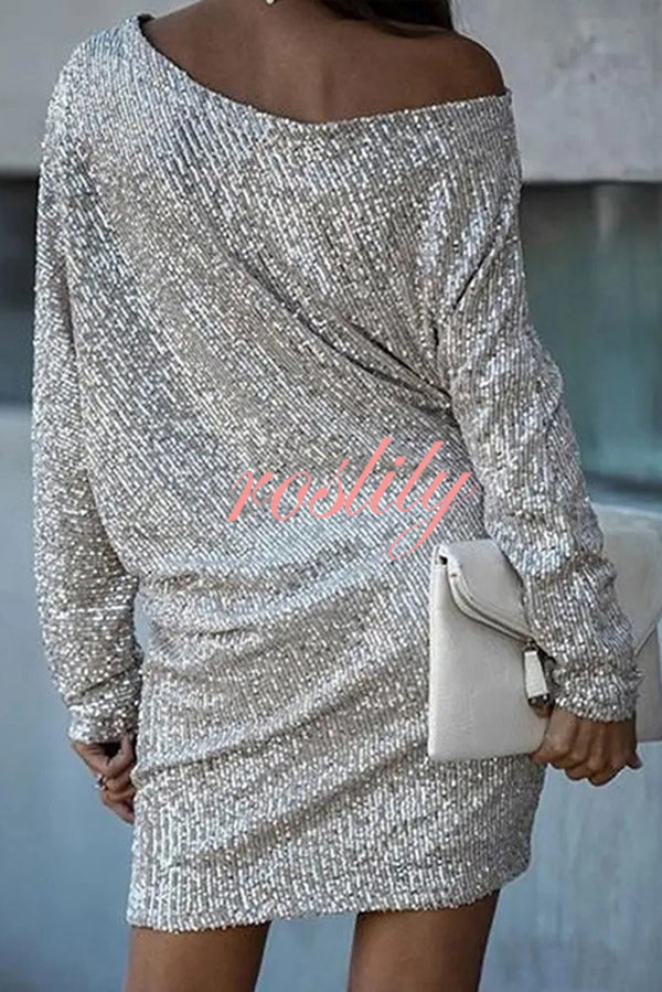 Solid Sequined Off-shoulder Loose Mini Dress