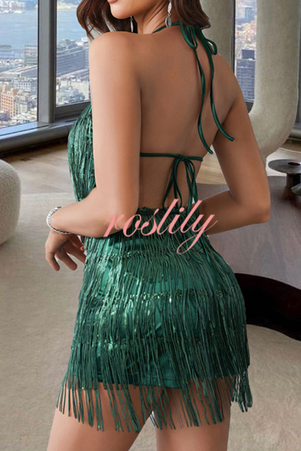 Shiny Sexy Halterneck Backless Lace-up Fringed Sequin Rompers