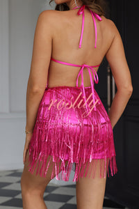 Shiny Sexy Halterneck Backless Lace-up Fringed Sequin Rompers