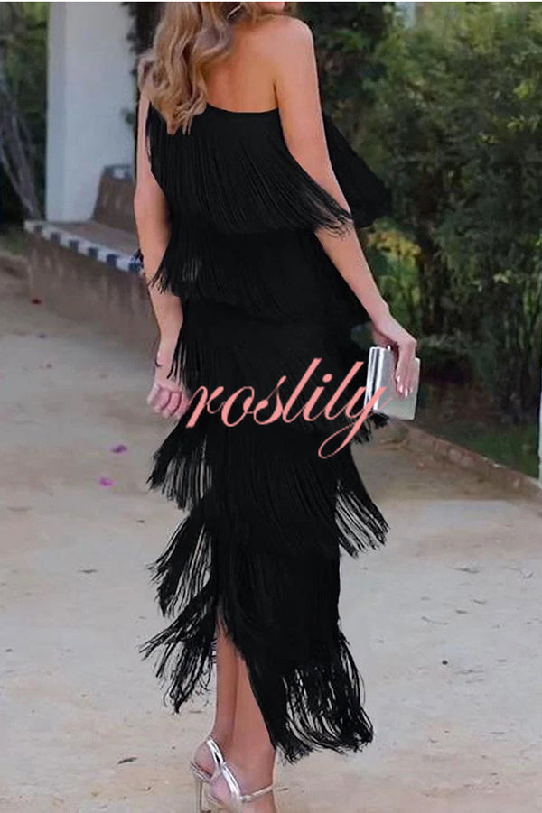 Stylish Fringed One Shoulder Asymmetric Midi Dress