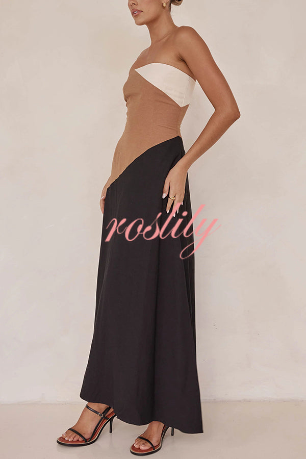 Calissa Asymmetrical Colour Block Strapless Pocketed A-line Maxi Dress