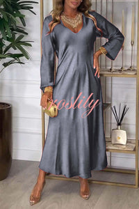 Solid Color V-neck Long-sleeved Loose Draped Maxi Dress