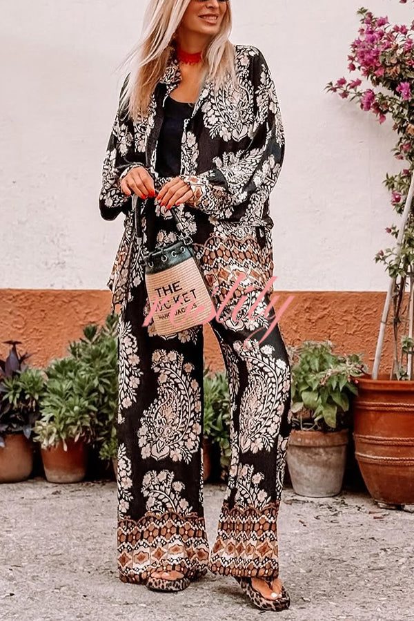 Unique Ethnic Print Loose Long-sleeved Shirt and Elastic Waist Pocket Straight Pants Set