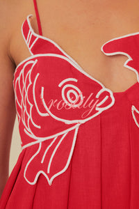 Red Fish Embroidered Sling Backless Maxi Dress