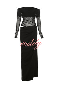 Exquisite Sexy Mesh Patchwork Off Shoulder Cutout Ruched Maxi Dress