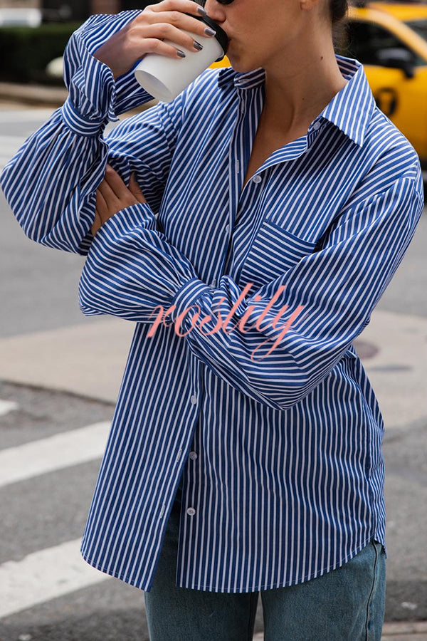 Striped Print Ruffled Long Sleeve Pockets Loose Shirt