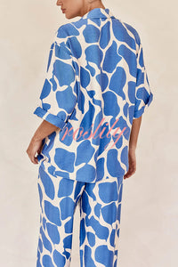 Lazy Beach Days Unique Print Short Sleeve Loose Shirt and Elastic Waist Pants Set