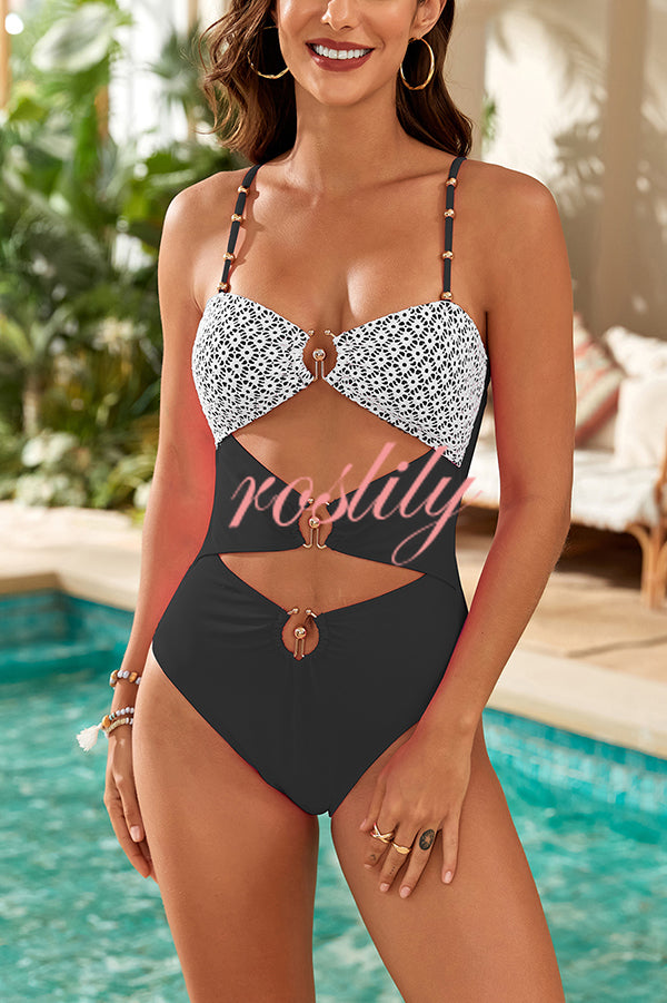 Fashionable Splicing Spaghetti Strap Metal Buckle One-piece Swimsuit