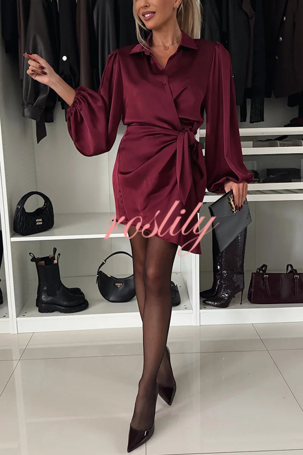 Solid Satin Long Sleeve Tie Waist Irregular Mini Dress