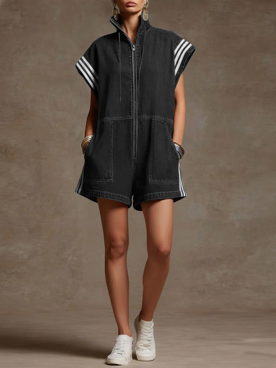 Stand-collar Short-sleeved Short Denim Wide-leg Jumpsuit