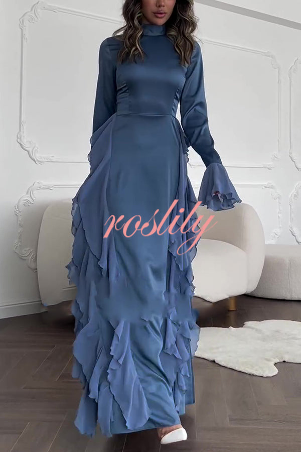 Cline Solid Color High Neck Long Sleeve Elegant Ruffles Maxi Dress